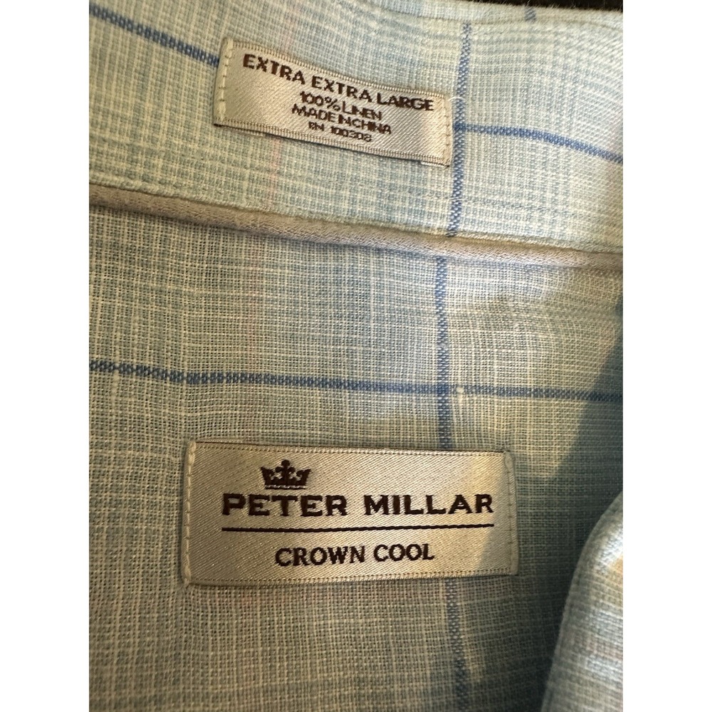 Peter Millar Crown Cool 100% Linen Shirt XXL Light Blue Windowpane Button Down